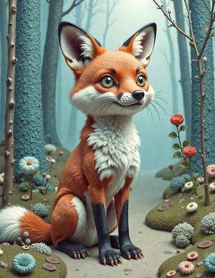 The primary subject of the image is a cartoon fox sitting in a forest. The setting is a forest with trees and flowers, creating a natural and serene environment. The visual style is digital art, as the fox is depicted in a stylized and detailed manner. The colors and mood of the image are vibrant and lively, with the red fox standing out against the greenery and flowers.